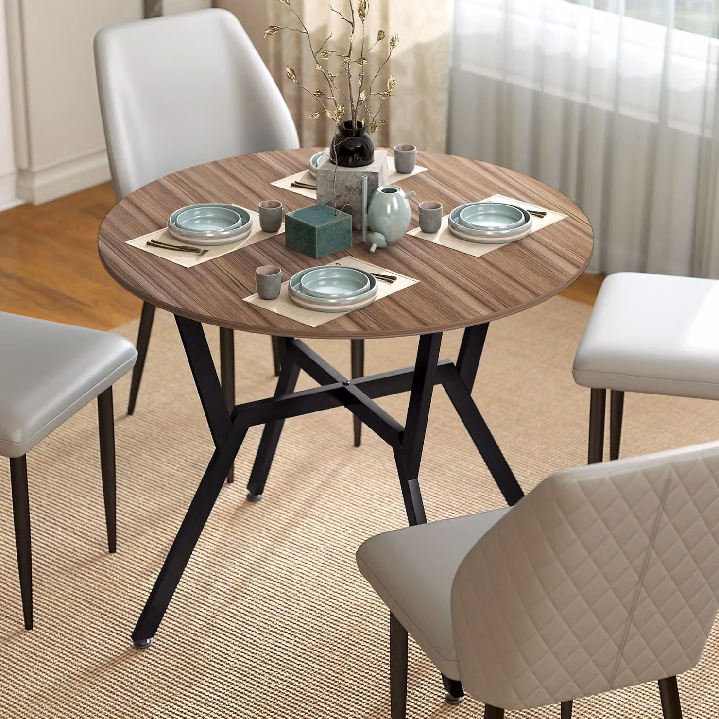 HOMCOM Round Brown Wood Dining Table with Black Metal Legs, W/D/H: 90 x 76 x 76 cm – 2