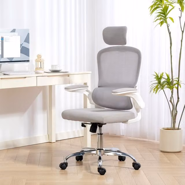 HOMCOM Ergonomic Grey Fabric Office Chair with Headrest and Flip-up Armrests