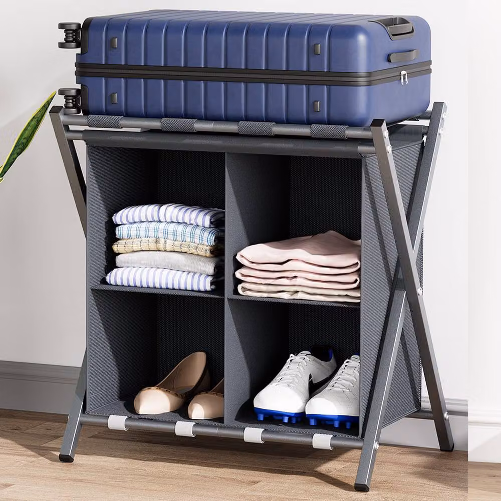 Huhote 2 Tier Metal Folding Luggage Rack with Storage in Grey – 10