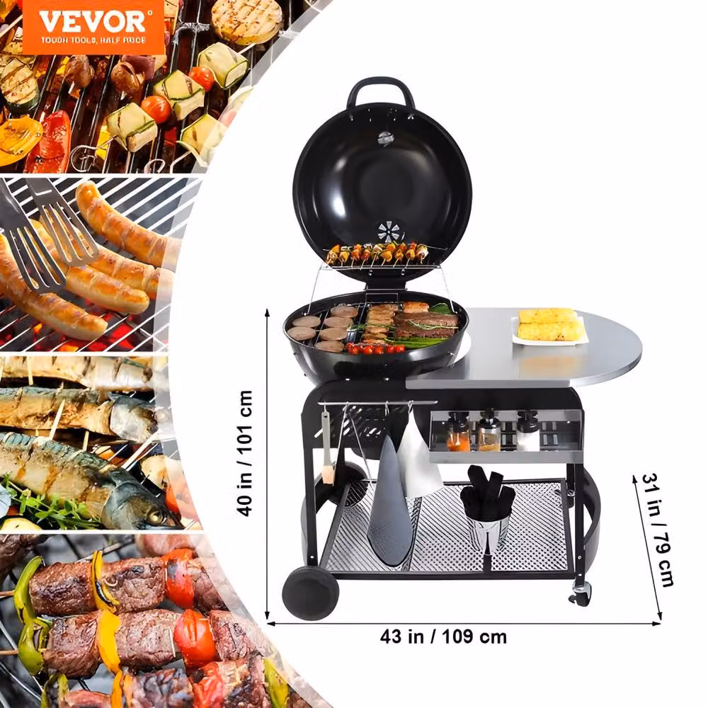 VEVOR Heavy Duty Charcoal Grill with Cover, Cart and Thermometer, Black, W: 53.34 cm, H: 101.0 cm, D: 53.34 cm – 4
