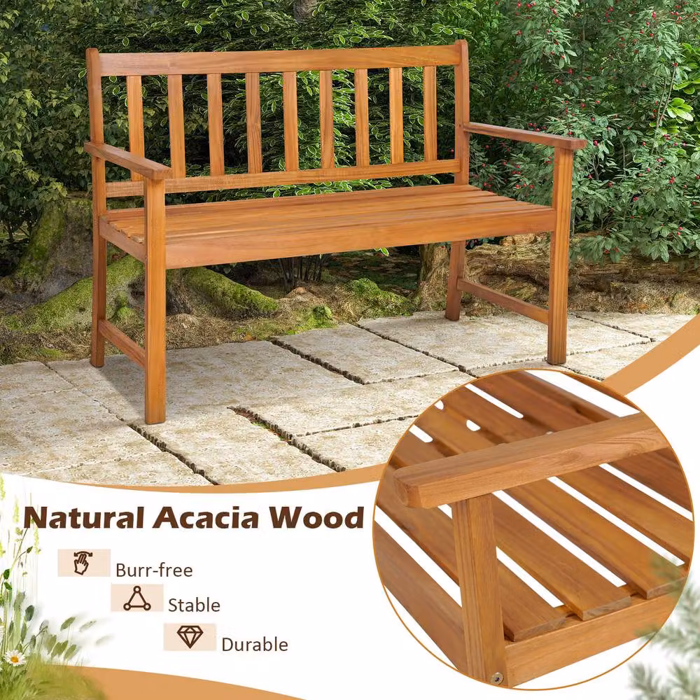 Costway 2-Person Acacia Wood Garden Bench with Armrests in Natural Brown – 3