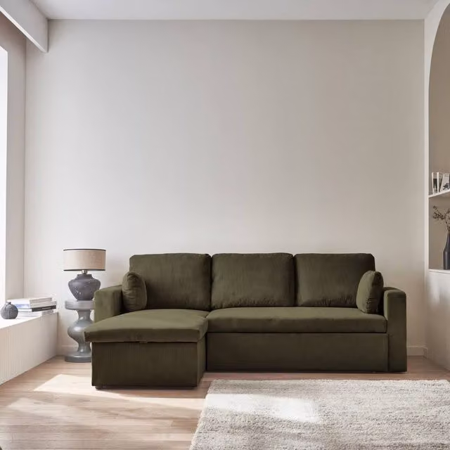 Sweekeek 3-Seater Corduroy Corner Sofa Bed in Khaki Green with Reversible L-Shape Design and Pull-Out Drawer