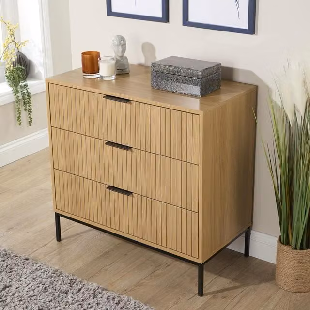 Home Source Wisbech Ribbed Front 3 Drawer Chest Storage Unit in Brown and Black