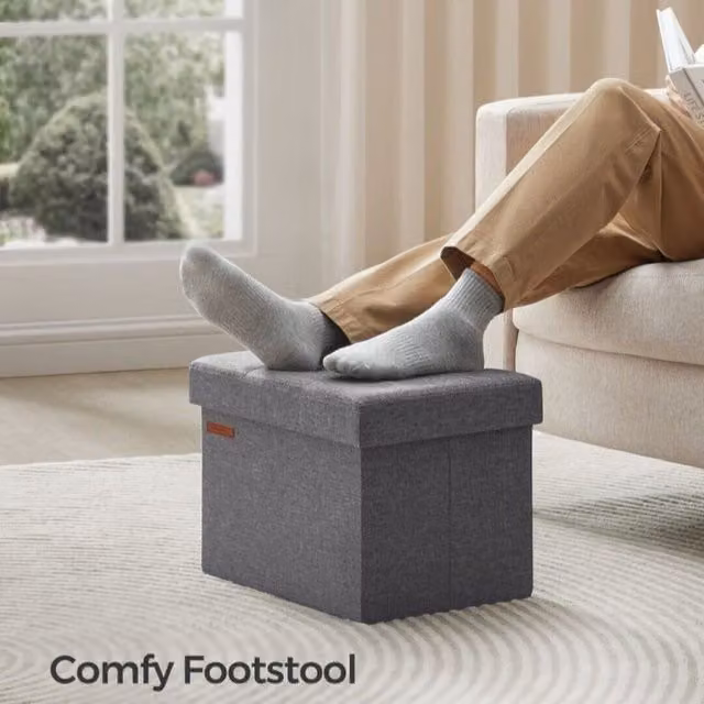 SONGMICS Small Rectangular Foldable Storage Ottoman and Foot Rest in Dark Grey