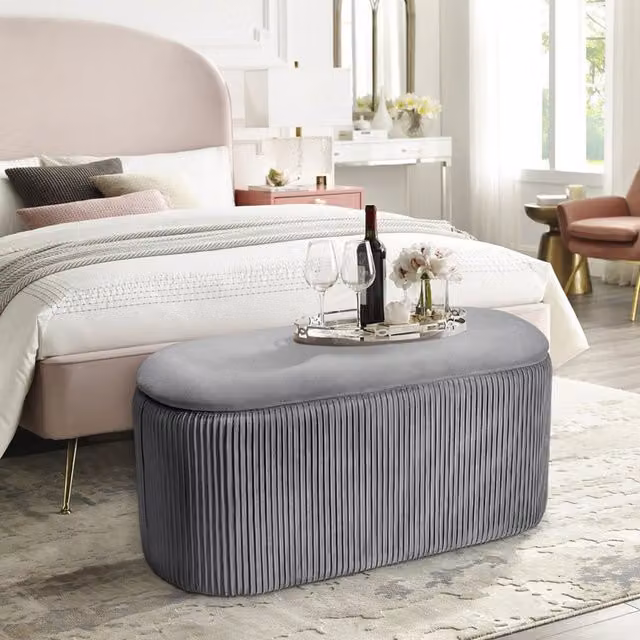 Livingandhome Oval Velvet Storage Ottoman Footstool in Grey