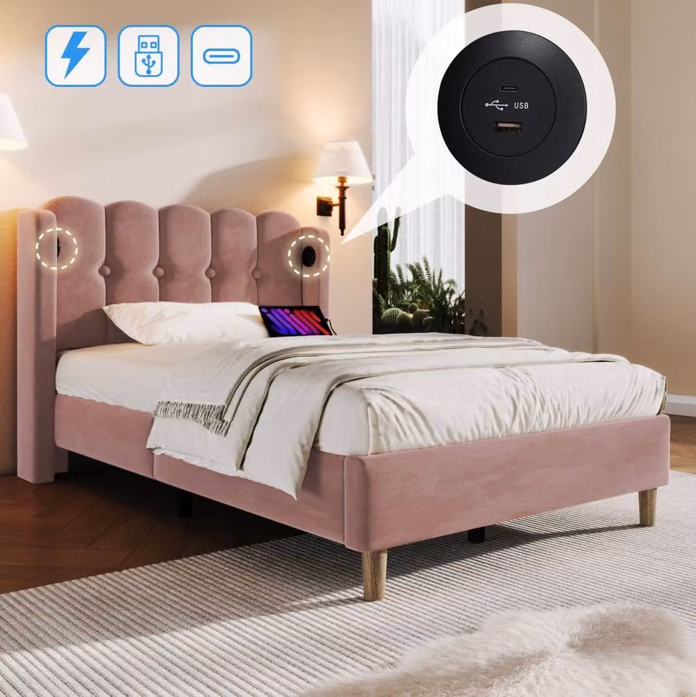 STILVORA Pink Velvet Upholstered Single Bed Frame with USB Charging Port, W/D/H: 90 x 190 cm – 4