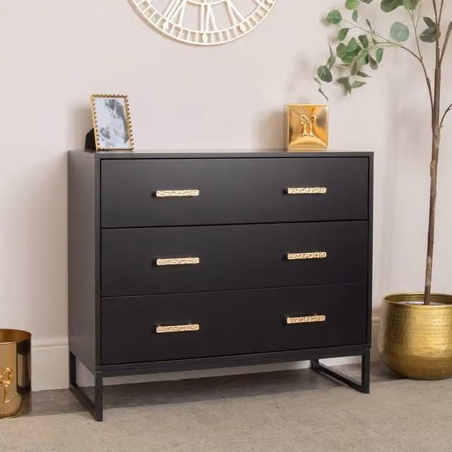 Melody Maison Luna Black 3 Drawer Chest of Drawers with Gold Accents