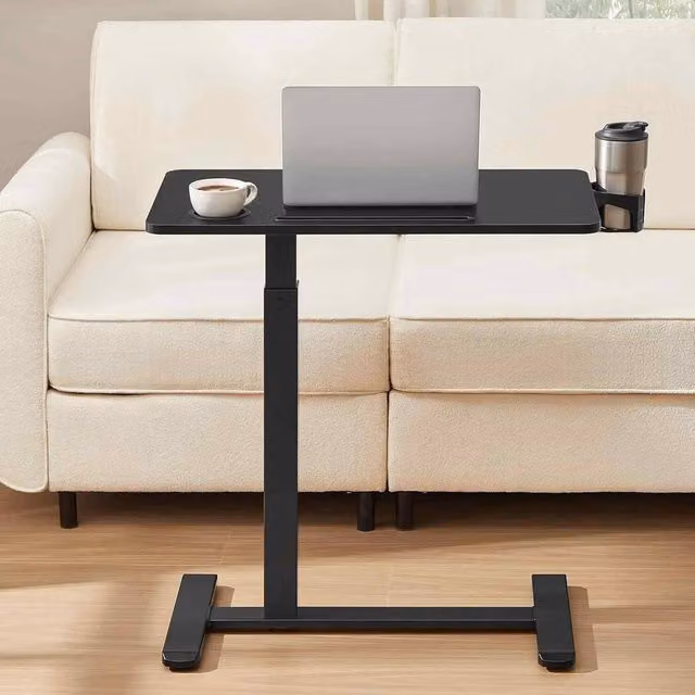 The Bazaarist Mobile Side Table with Adjustable Height, Castors and Cup Holder, Black