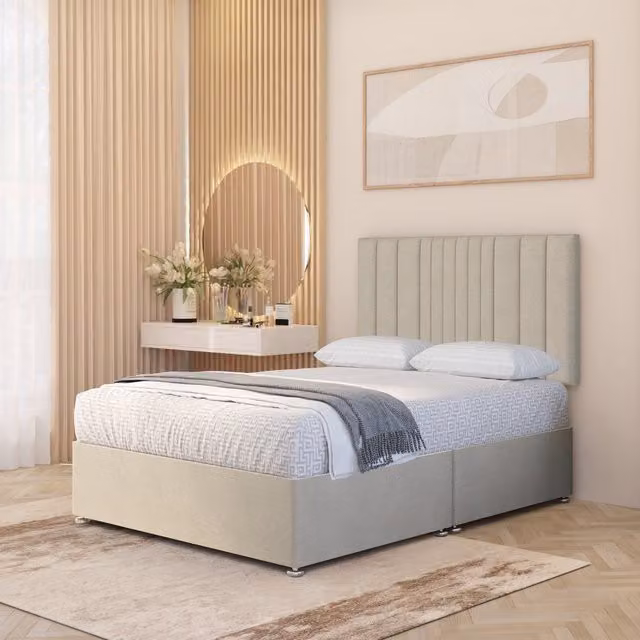 Somnior Beds Ltd Arizona Tweed Fabric Orthopaedic Divan Bed Set with Hybrid Mattress, 32 inch Headboard and Drawers, Natural, W/D/H: 120 x 200 cm