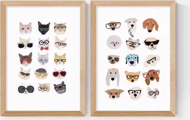 East End Prints Cats and Dogs in Glasses Twin Set Framed Animal Illustration in Beige and Multicolour