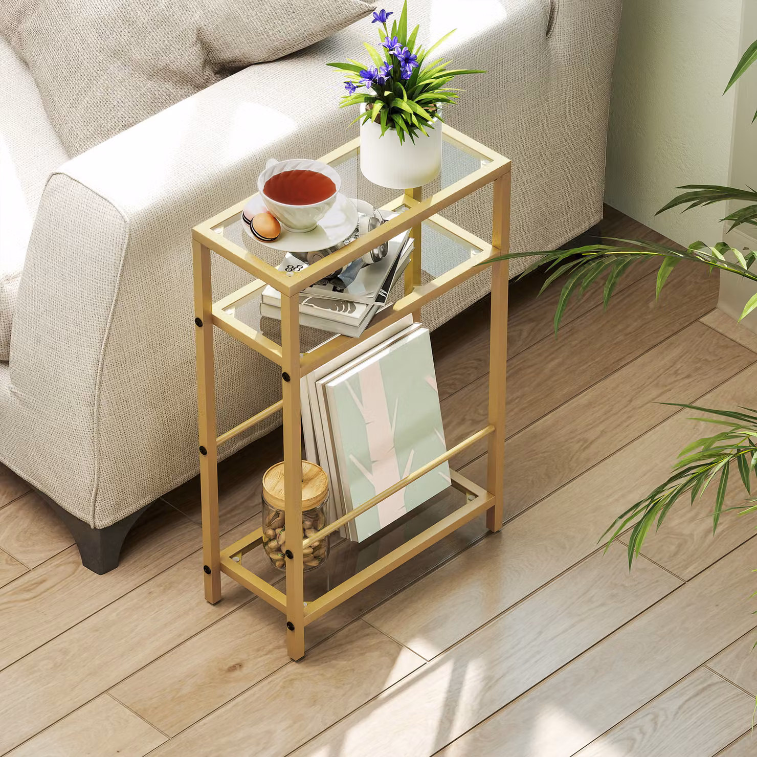 HOMCOM 3-Tier Gold Side Table with Tempered Glass Top and Storage Shelf – 5