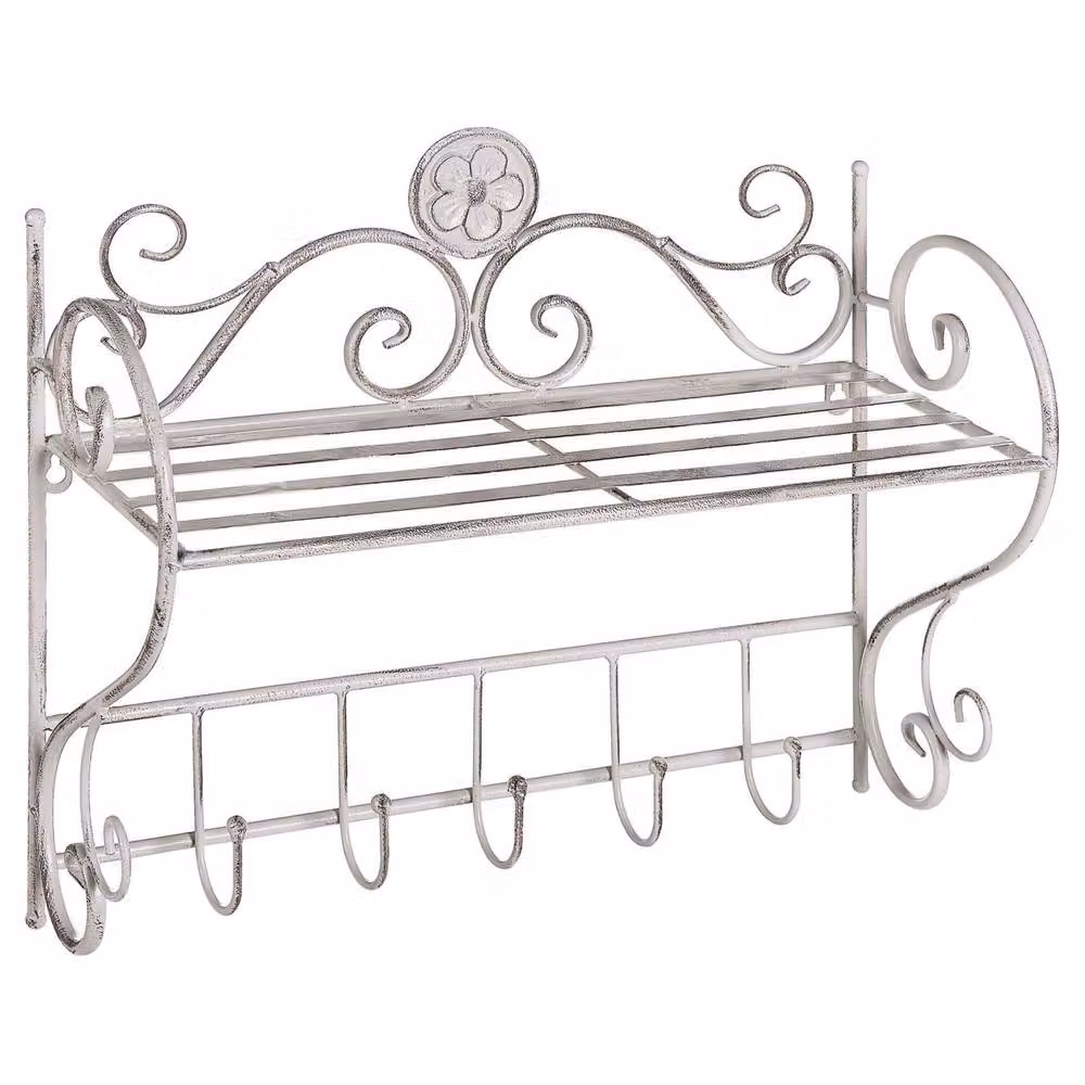 Wyld and Coco Heritage Home Distressed White Iron Wall Shelf with 5 Hooks, W/H: 42 x 47 cm – 2