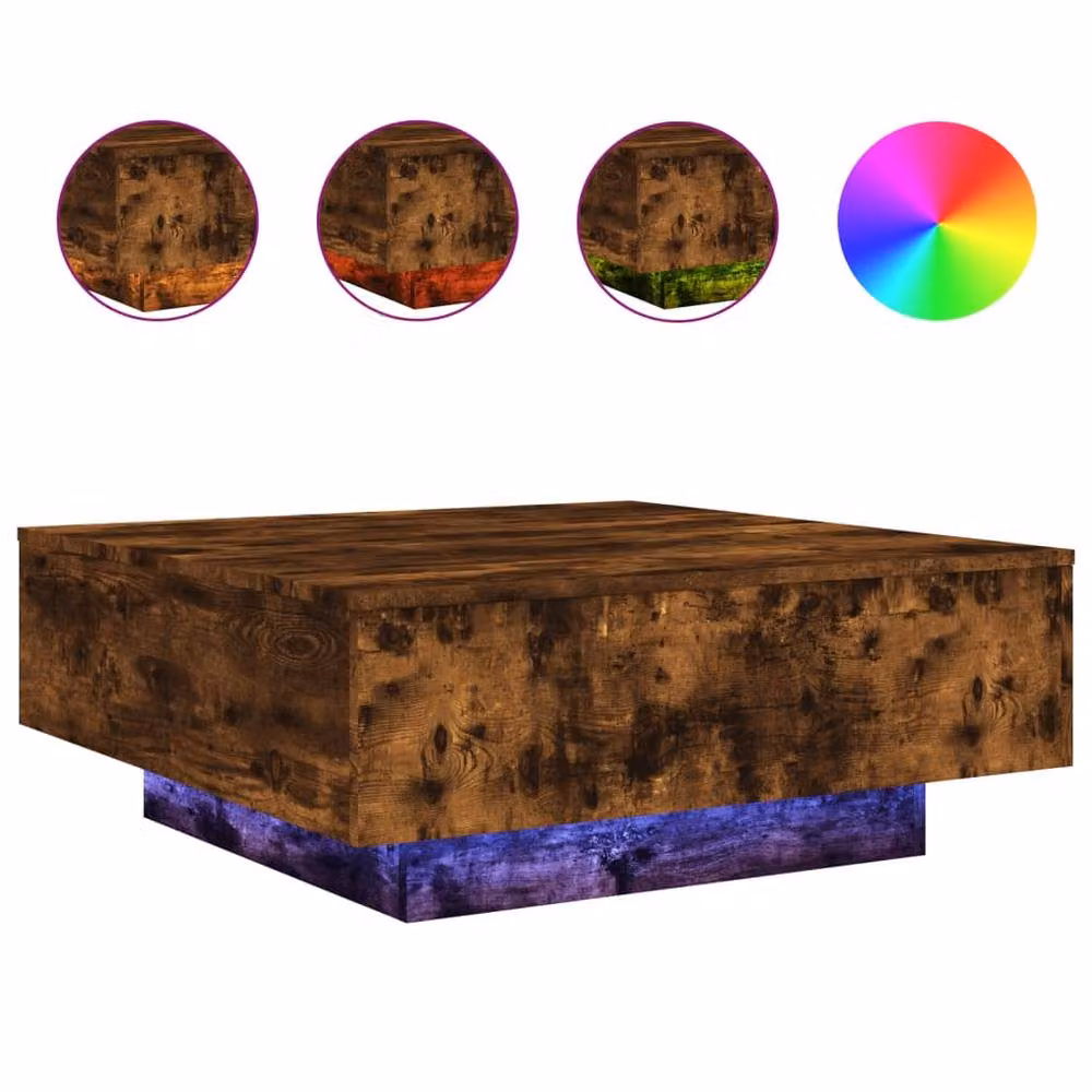 Berkfield Home Modern Square Coffee Table with LED Lights in Smoked Oak Brown, W/D/H: 80 x 80 x 31 cm – 3