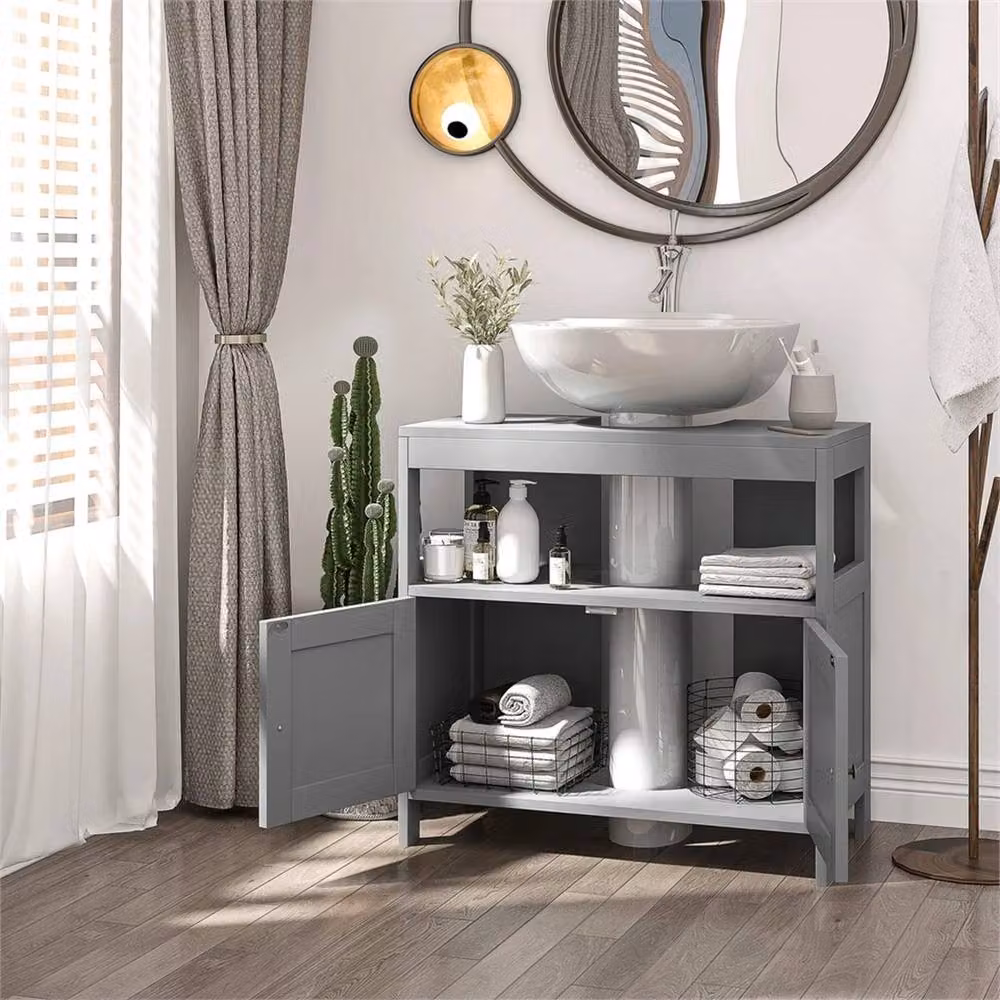 EONLION Grey Matt Freestanding Bathroom Pedestal Under Sink Cabinet with Hinged Doors and Internal Shelves – 3