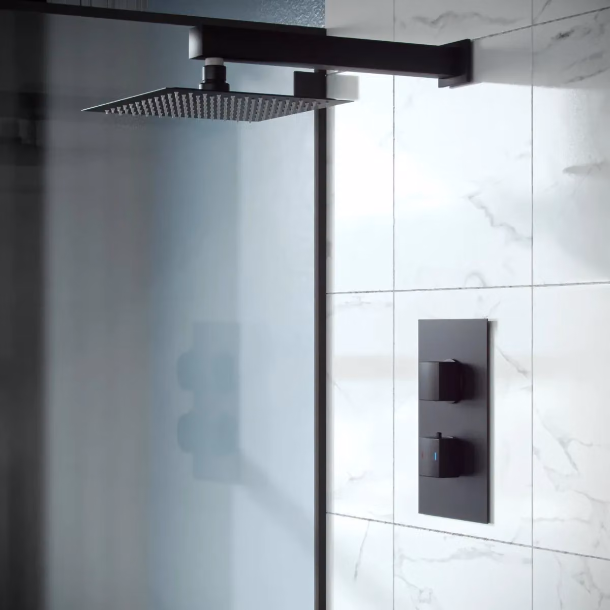 Nes Home Matte Black Concealed Thermostatic Square Rainfall Shower Mixer Set, 250mm – 2