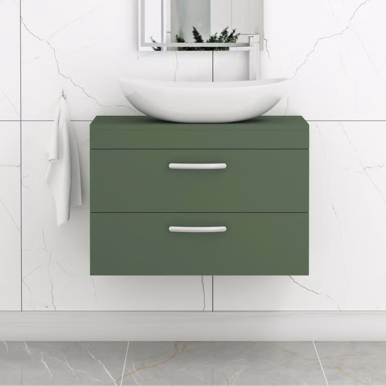 Cesar Turin Wall Hung Vanity Unit with 2 Drawers and Countertop Basin, Matte Green with Matt Black Handles, Width: 50 cm