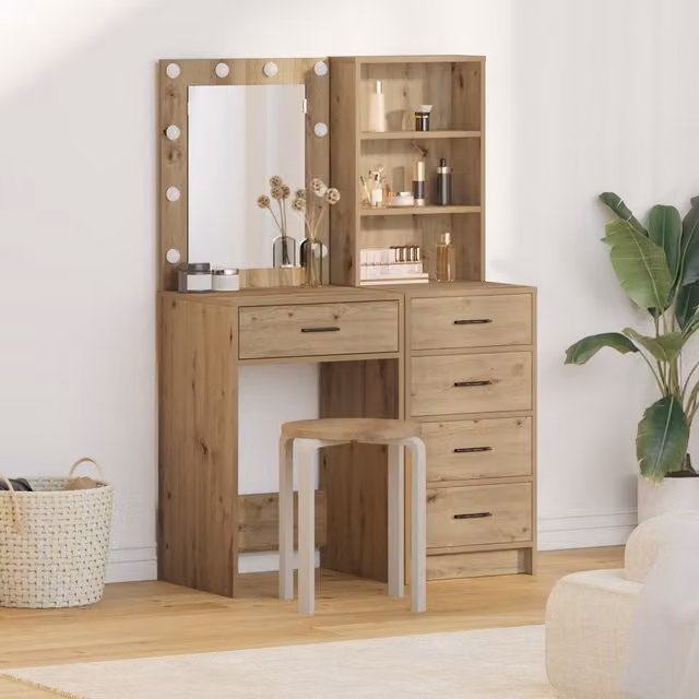 Berkfield Home 2 Piece Hollywood LED Dressing Table Set in Brown Artisan Oak