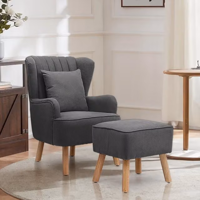 Livingandhome Modern Grey Fabric Wing Back Armchair with Matching Ottoman and Oak Wood Legs