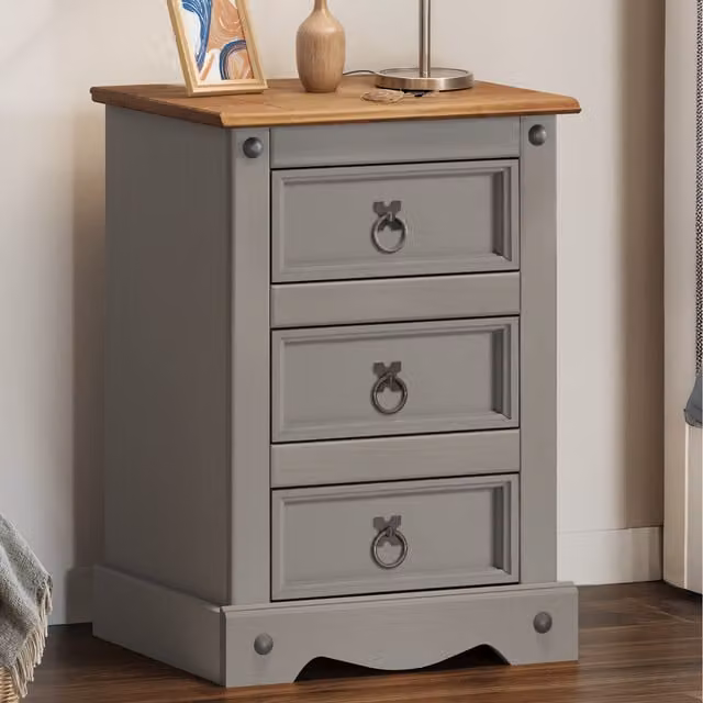Mercers Furniture Corona Medium 3 Drawer Bedside Cabinet in Grey Solid Pine Wood