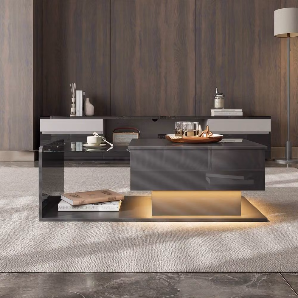 KORVIXA Modern Glossy Black Square Coffee Table with Glass Top and Height Adjustable Lift Mechanism W/D/H: 50 x 50 x 33 cm – 3