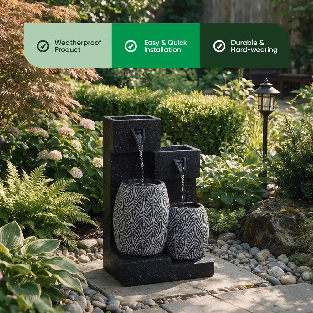 Gardenwize Solar Water Feature Double Vase Cascade in Grey with Rechargeable Battery Back-up, W/D/H: 40 x 21 x 40 cm – 3