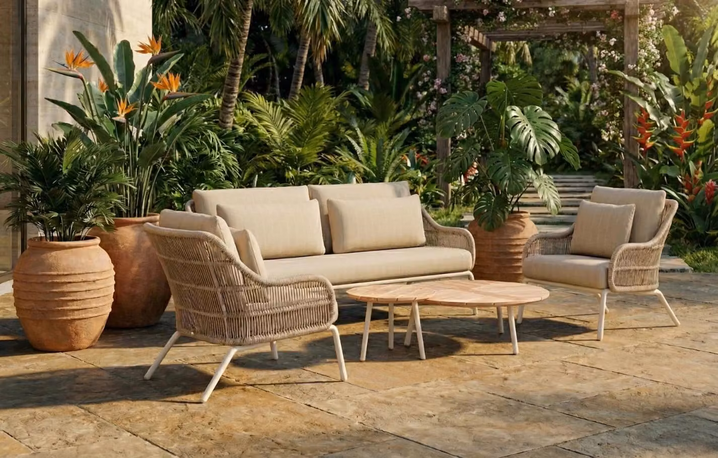 MINT Originals Cora 5-Seater Beige Woven Rope and Powder Coated Aluminium Garden Sofa Set with Coffee Table and Cushions