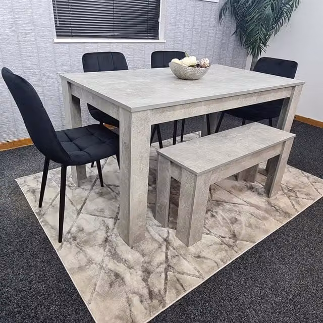 KOSY KOALA Modern Brown Dining Set with Grey Rectangular Table, 4 Black Velvet Chairs and 1 Bench