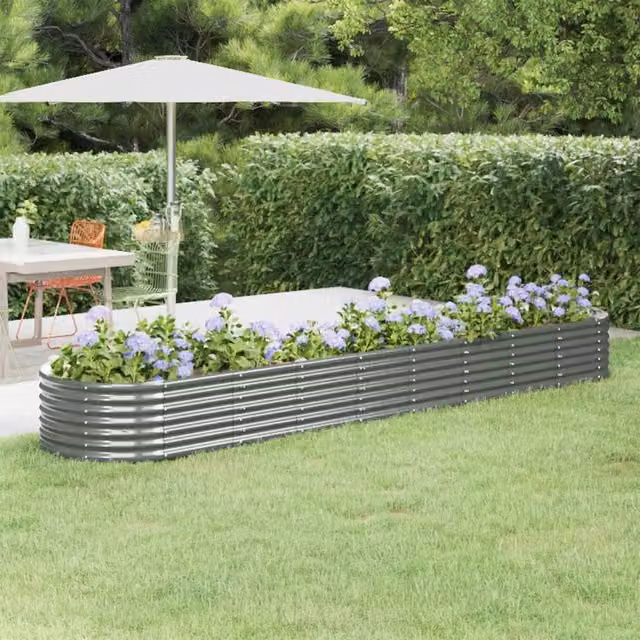Berkfield Home Garden Powder-coated Steel Raised Bed in Grey, W: 368 cm, D: 80 cm, H: 36 cm