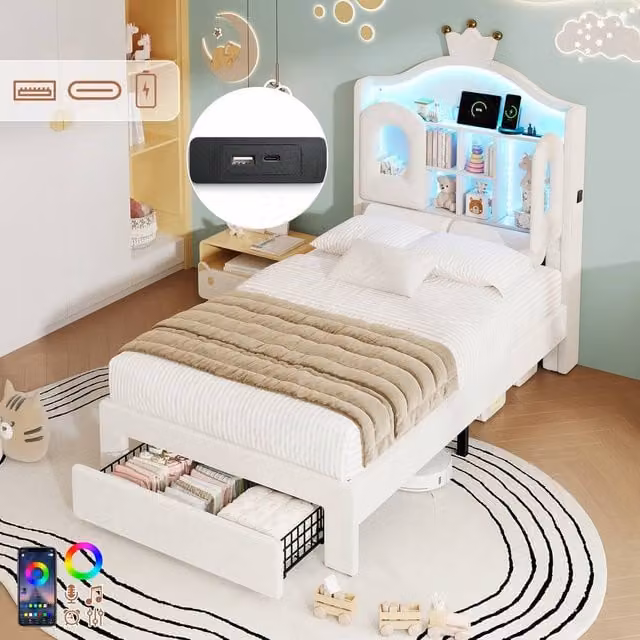 BTM Single Velvet Bed with LED Storage Headboard and USB Charging Port in Beige