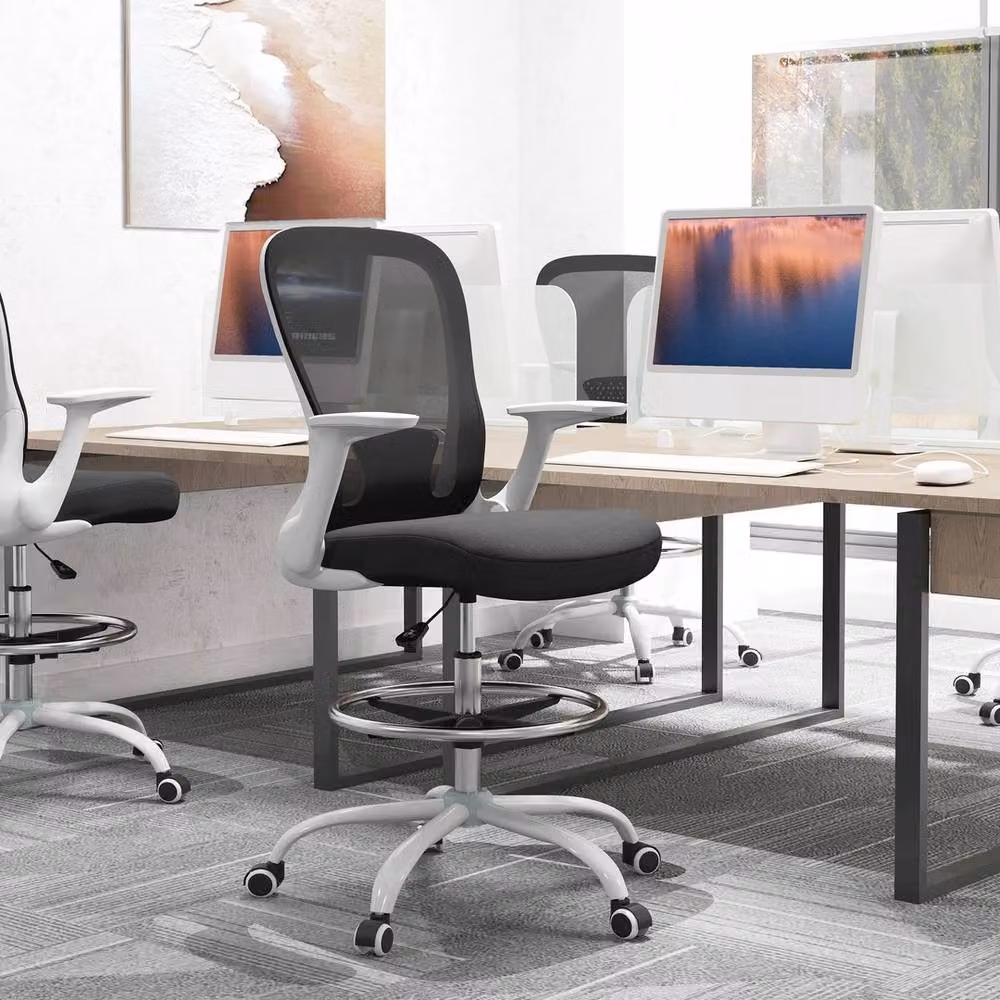 NESTLUNE Ergonomic Mesh Drafting Chair in Black with Foot Ring and Armrests – 3