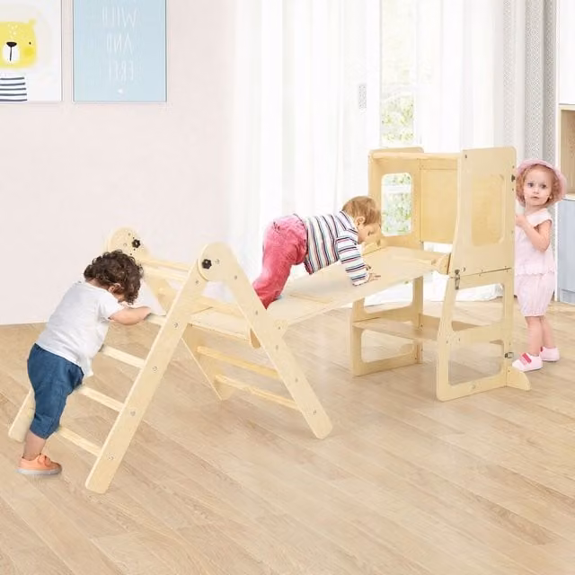 Costway 7 in 1 Toddler Climbing Frame with Ramp, Brown