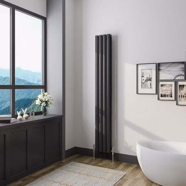 AicaBathroom Vertical Oval Column Radiator in Black, H: 160 cm x W: 23.6 cm