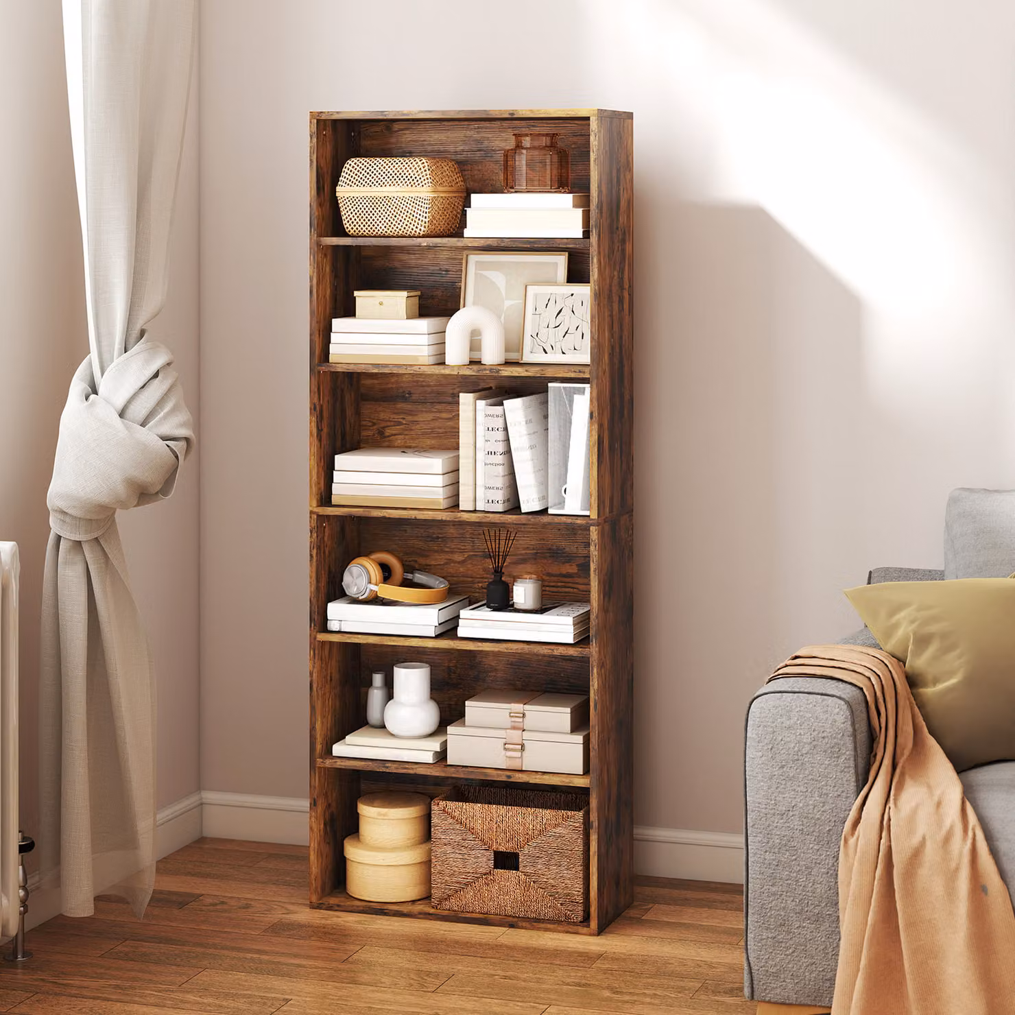 HOMCOM Six Shelf Freestanding Bookcase with Adjustable Shelves in Rustic Brown – 7