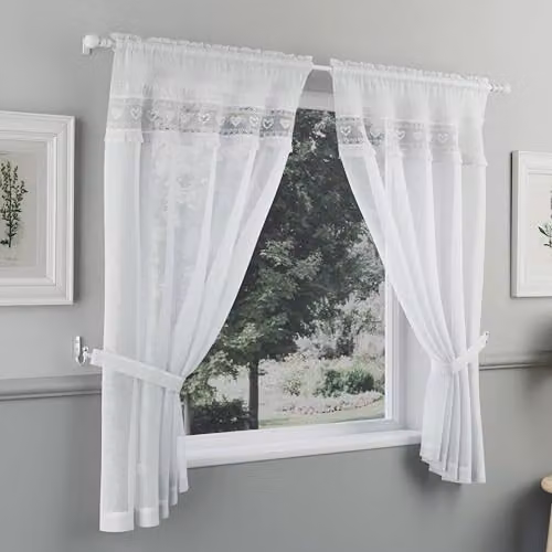 Tyrone Textiles Lucy Embroidered Heart White Kitchen Window Curtain Pair with Frill Edging and Matching Tie Backs, H 122 cm x W 140 cm