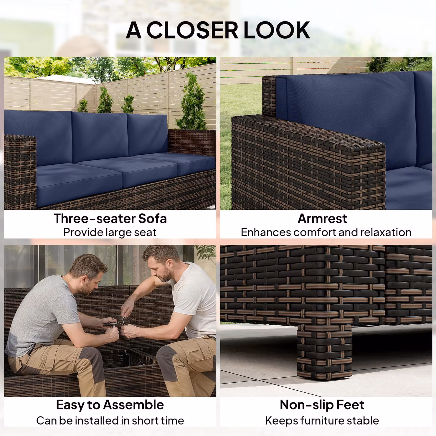 Outsunny 3 Seater Rattan Sofa with Powder Coated Steel Frame and Fire Resistant Blue Cushions – 6