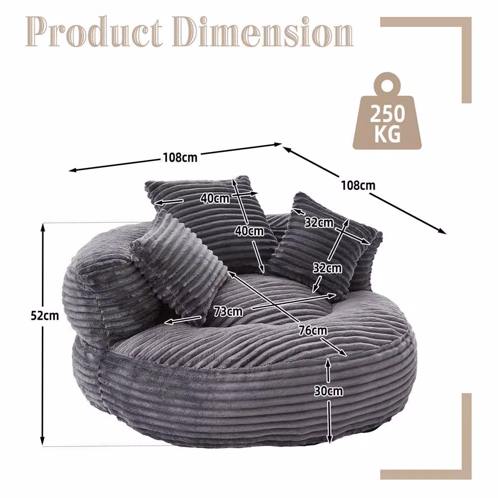 Direct Wicker Light Grey Corduroy Bean Bag with Armrests and Shredded Memory Foam Filling – 2