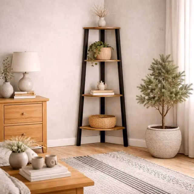 Wyld Haus Maynooth Industrial Corner Unit with 4 Pine Wood and Metal Shelves in Natural Brown and Black – 1