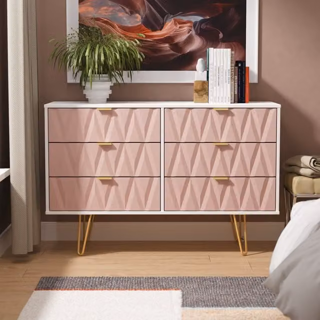 Diamond Ready Assembled 6 Drawer Midi Chest in Pink, White and Gold