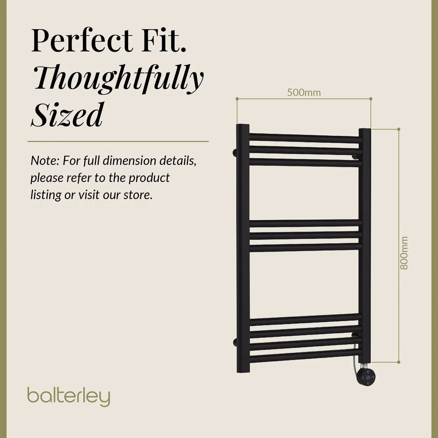 Balterley Electric Round Towel Rail, Matt Black, W: 80 cm, H: 50 cm, D: 8 cm – 5