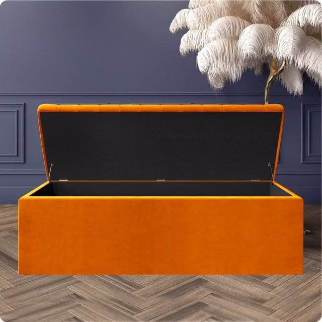 R&M Furnishers Burnt Orange Striped Plush Velvet Upholstered Blanket Chest and End of Bed Bench