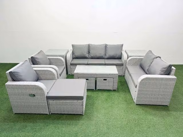 Fimous Grey PE Rattan Garden Furniture Set with 2 Seater Sofa, Coffee Table, 3 Stools and 2 Side Tables