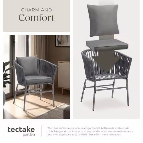 tectake Set of 4 Modern Rope Design Garden Chairs with Thick Cushions and Water-Repellent Covers in Dark Grey – 7