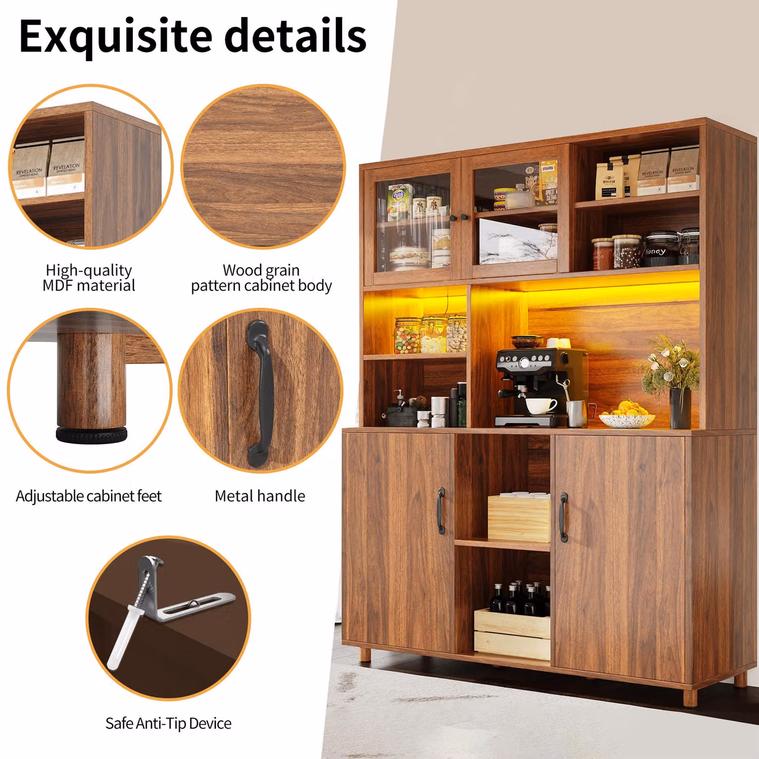 Aosom UK Walnut Brown Tall Cabinet with Silent Sliding Toughened Glass Doors and LED Lighting, W: 40 cm, D: 140 cm, H: 185 cm – 5