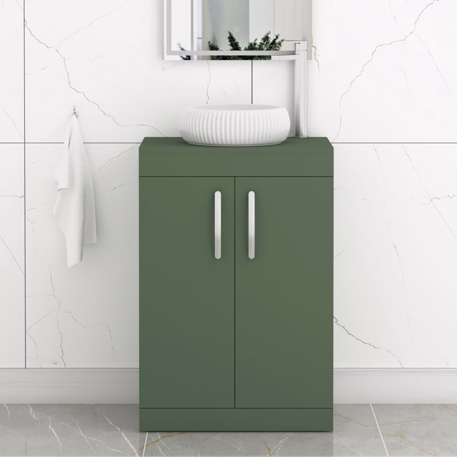 Royal Bathrooms Turin 600mm Floor Standing 2 Door Vanity Unit in Matt Green with Milan Countertop Basin and Brushed Brass Handle