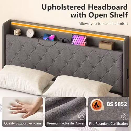 HOMCOM King Ottoman Bed Frame with Lift Up Storage, RGB LED Lighting and USB Charging Port, Grey, W: 150 cm, D: 200 cm – 6