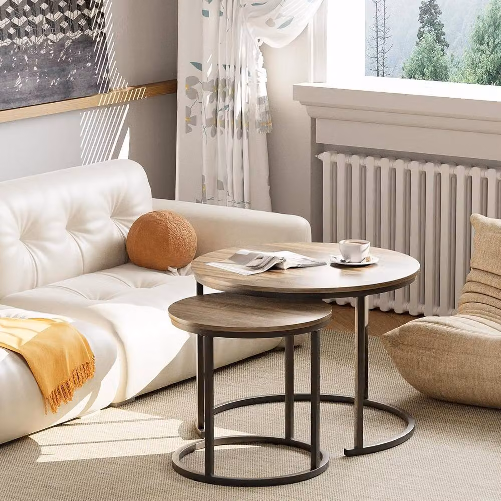 Huhote Set of 2 Round Nesting Coffee Tables with Oak Tops and Black Metal Frames in Light Brown – 3
