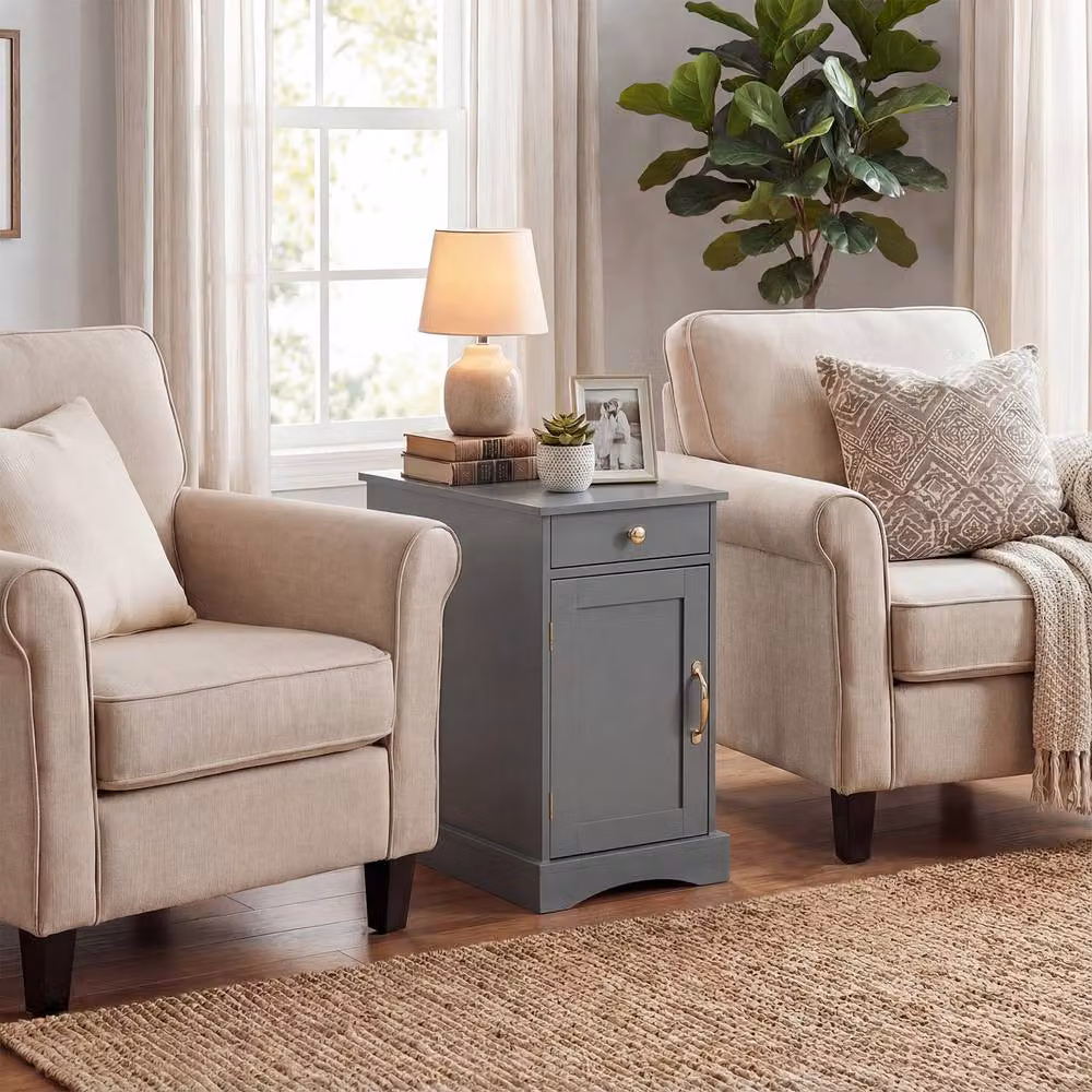 Costway Wooden End Table with Charging Station and Drawer, Grey – 4
