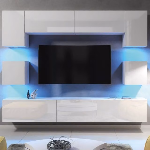 Creative Furniture Panorama Wall Mounted TV Unit in White with Glossy Hinged Doors and Integrated LED Lighting