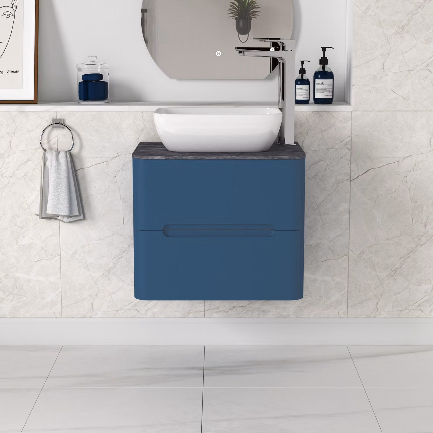 Royal Bathrooms Venice 600mm Wall Hung Vanity Unit with Elva Basin in Midnight Blue and Black Star Worktop