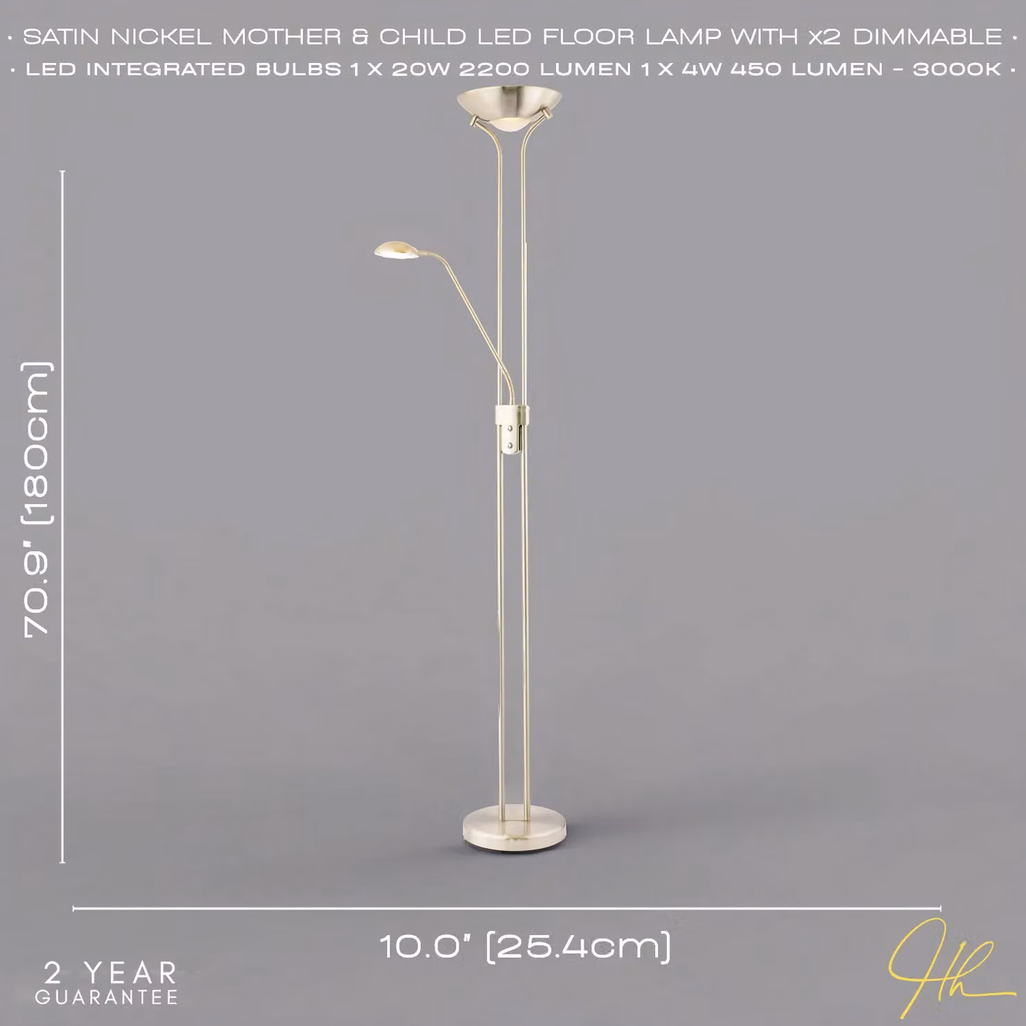Happy Homewares LED Mother and Child Floor Lamp in Metallic Silver with Reading Light and Rotary Dimmer Switches – 2